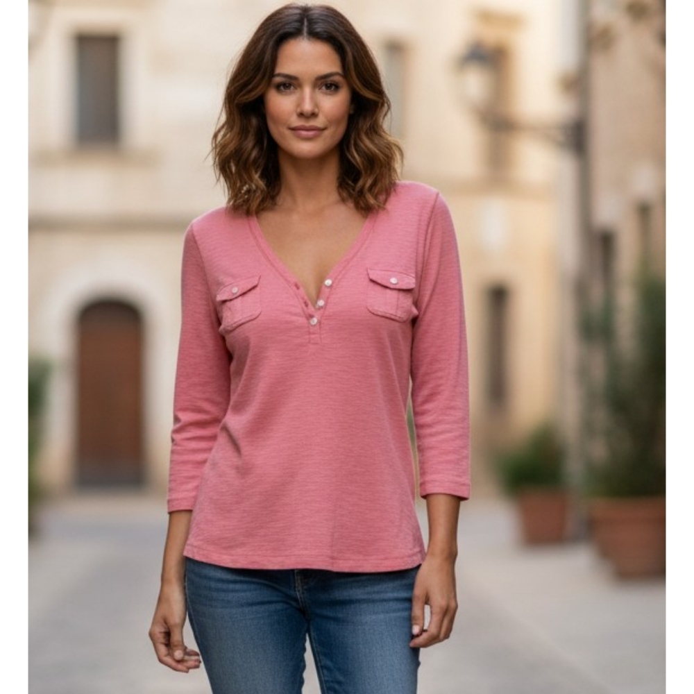 Chaps 3/4 Sleeve V-neck top Salmon Pink Size M
